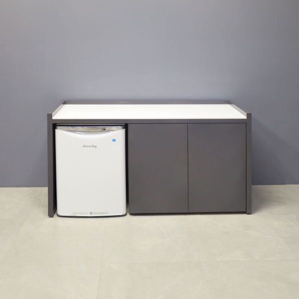 60-inch Avenue Beverage Server Station with fridge on the left side, in 1/2-inch white solid engineered surface top, and storm gray gloss laminate station & doors.