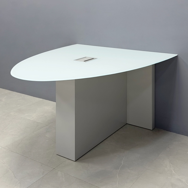 60-inch Collaboration Table in 1/2-inch white tempered glass top, and folkstone gray matte laminate base, with silver MX3 power box.
