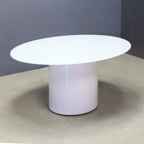 60-inch Omaha Oval Conference Table in 1/2-inch white tempered glass top, and white gloss laminate base.