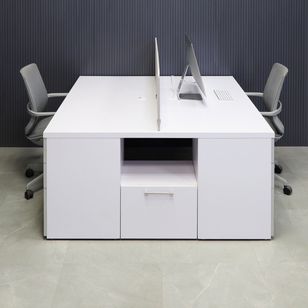 60X60-inches Dallas Workstation With Storage in white matte laminate top & storages, fog gray laminate partition & front drawers, with brushed stainless legs.