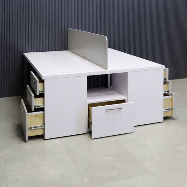 60X60-inches Dallas Workstation With Storage in white matte laminate top & storages, fog gray laminate partition & front drawers, with brushed stainless legs.