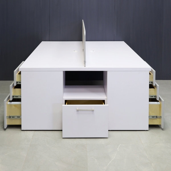 60X60-inches Dallas Workstation With Storage in white matte laminate top & storages, fog gray laminate partition & front drawers, with brushed stainless legs.