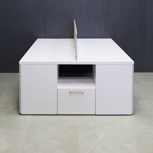 60X60-inches Dallas Workstation With Storage in white matte laminate top & storages, fog gray laminate partition & front drawers, with brushed stainless legs.