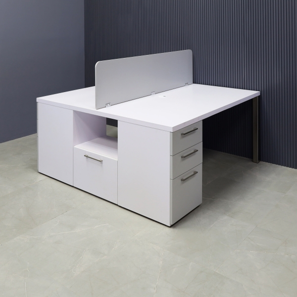 60X60-inches Dallas Workstation With Storage in white matte laminate top & storages, fog gray laminate partition & front drawers, with brushed stainless legs.