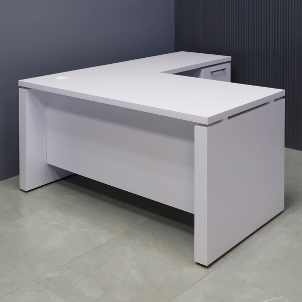 72-inch Denver L-Shape Executive Desk with cabinet & return on the right side when sitting, in white matte laminate top, base, cabinet & privacy panel, shown here.