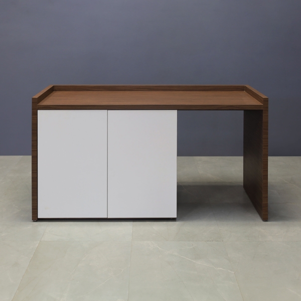 72-inch Avenue Beverage Server Station with fridge on the right side, in walnut heights matte laminate station, and dover off-white matte laminate doors.