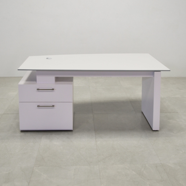 68-inch Avenue Curved Executive Desk in 1/2-inch gray traceless engineered surface top, and white matte laminate base & cabinet on the left side when sitting.