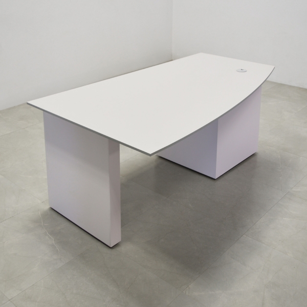 68-inch Avenue Curved Executive Desk in 1/2-inch gray traceless engineered surface top, and white matte laminate base & cabinet on the left side when sitting.