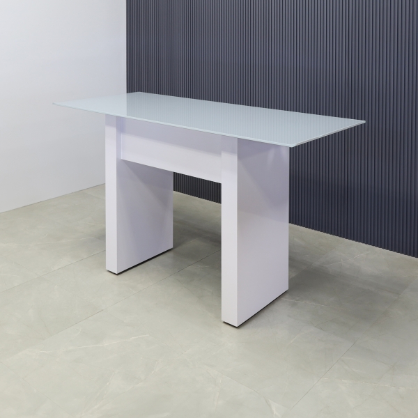 Windsor Tempered Glass Bar Table in baby blue top and white gloss laminate base finish shown here.