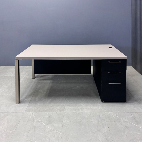 72-inch Dallas Straight Executive Desk W/ Cabinet in beige pvc top, black traceless laminate storage & privacy panel, with brushed aluminum legs.