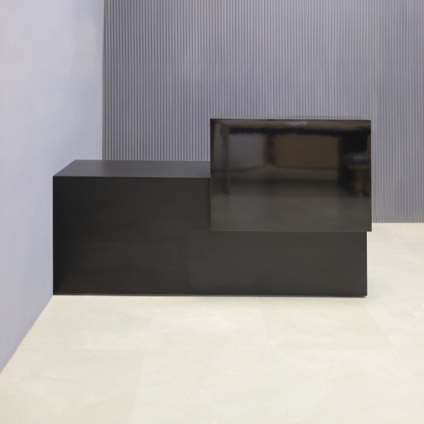 72-inch Los Angeles Custom Reception Desk with the counter on the right side when facing front in black gloss laminate counter, and black matte laminate desk, shown here.
