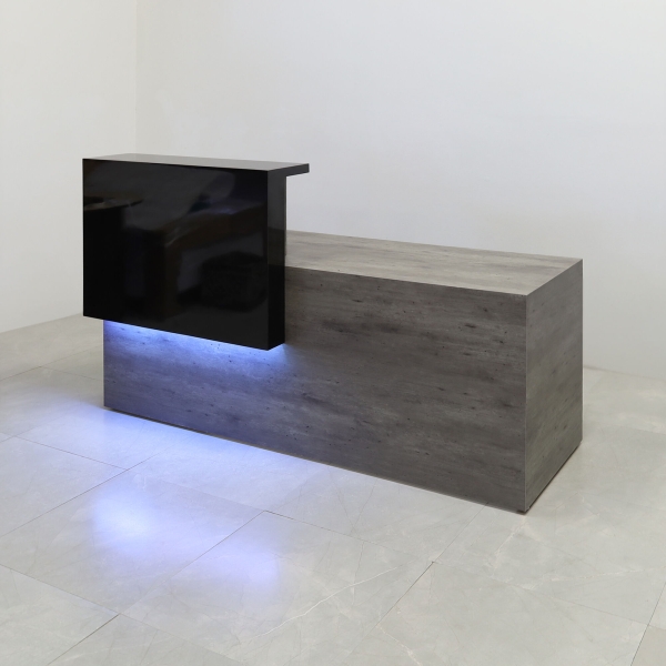 72-inch Los Angeles ADA Custom Reception Desk with the counter on the left side when facing front in black gloss laminate counter, metropolitan concrete PVC desk, and warm white LED.