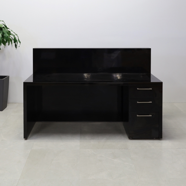 72-inch Dallas Straight Custom Reception Desk in black gloss laminate main desk & toe-kick. Built-in storage on the right side when sitting.