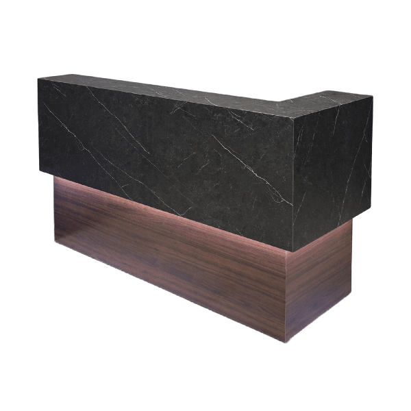 72-inch San Francisco L-Shape Reception Desk, right l-panel side when facing front in black sone pvc counter and colombian walnut matte laminate desk, with white LED, shown here.
