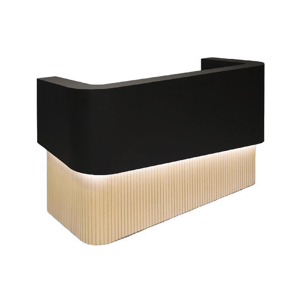 72-inch Nola Curved Custom Reception Desk in black traceless laminate counter, maple tambour bottom, and warm white LED.
