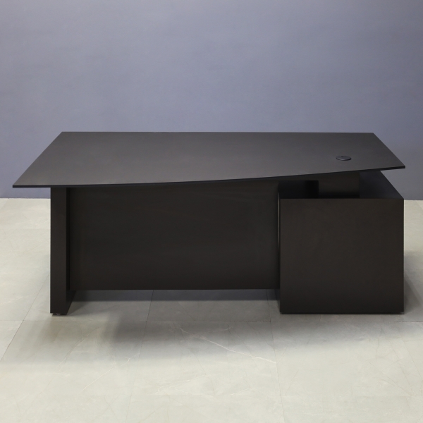 72-inch Avenue Curved Executive Desk in 1/2-inch black traceless engineered surface top, and graphite matte laminate base, storage & privacy panel.