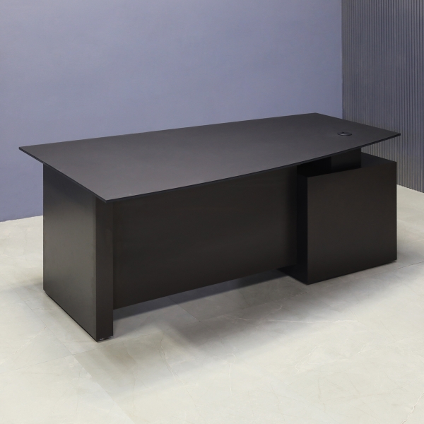 72-inch Avenue Curved Executive Desk in 1/2-inch black traceless engineered surface top, and graphite matte laminate base, storage & privacy panel.