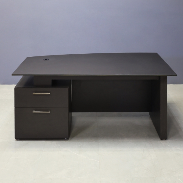 72-inch Avenue Curved Executive Desk in 1/2-inch black traceless engineered surface top, and graphite matte laminate base, storage & privacy panel.