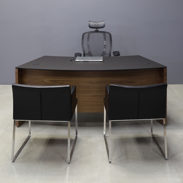  72-inch Seattle Curved Executive Desk in 1/2-inch Black traceless engineered surface top and walnut veneer base.