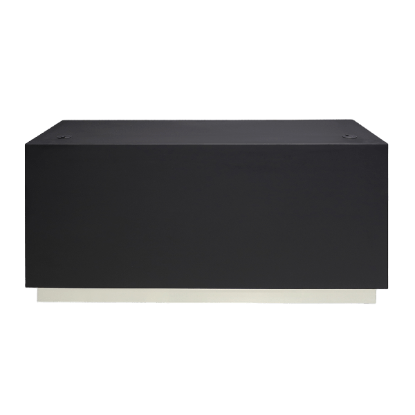 72-inch Houston Retail Custom Reception Desk in black traceless laminate main desk and brushed aluminum toe-kick.
