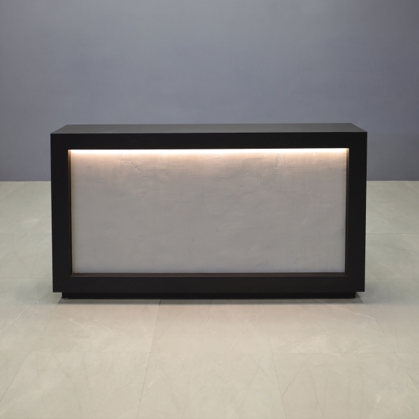 72-inch Vegas Designer Reception Desk in black traceless laminate main desk and concrete front panel, with warm white LED, shown here.