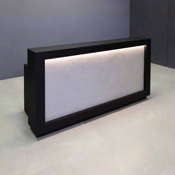 72-inch Vegas Designer Reception Desk in black traceless laminate main desk and concrete front panel, with warm white LED, shown here.