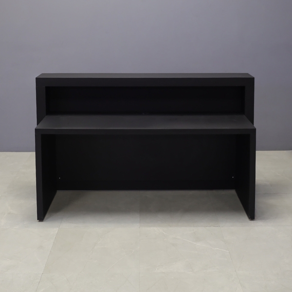72-inch Vegas Designer Reception Desk in black traceless laminate main desk and concrete front panel, with warm white LED, shown here.