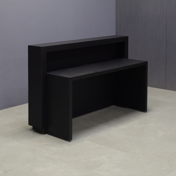 72-inch Vegas Designer Reception Desk in black traceless laminate main desk and concrete front panel, with warm white LED, shown here.
