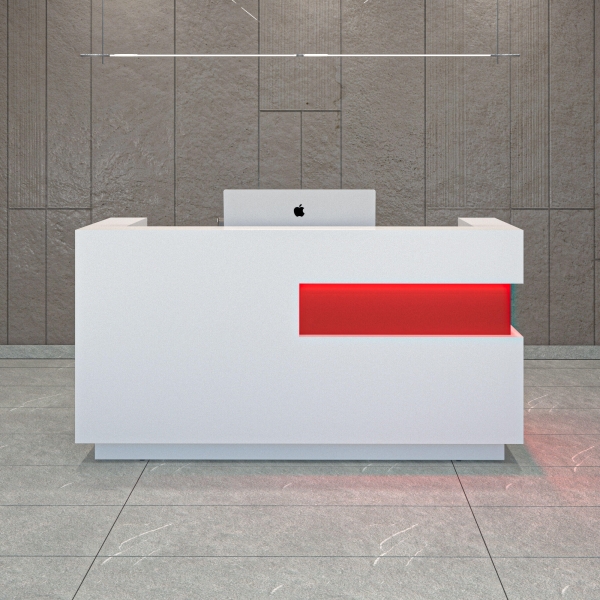 72-inch Manhattan U-Shape Custom Reception Desk in classic red gloss laminate accent panel, and white matte laminate main desk, with white LED, shown here.