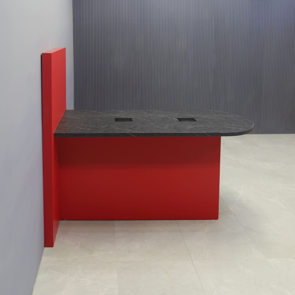 72-inch Weight and 42-inch Height, Westin Standing Collaboration and Training Table in black stone PVC laminate top, with classic red matte laminate base and wall, and 2 black MX2 powerboxes, shown here.