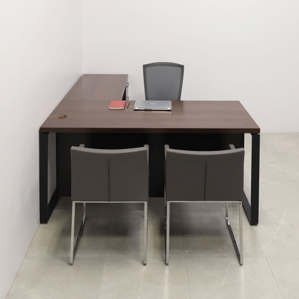 72-inch Aspen L-Shape Executive Desk With Laminate Top, right side return when sitting and built-in storage, in colombian walnut matte laminate top, black matte laminate privacy panel, and black metal legs, shown here.