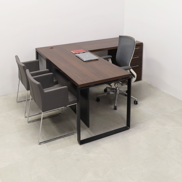 72-inch Aspen L-Shape Executive Desk With Laminate Top, right side return when sitting and built-in storage, in colombian walnut matte laminate top, black matte laminate privacy panel, and black metal legs, shown here.