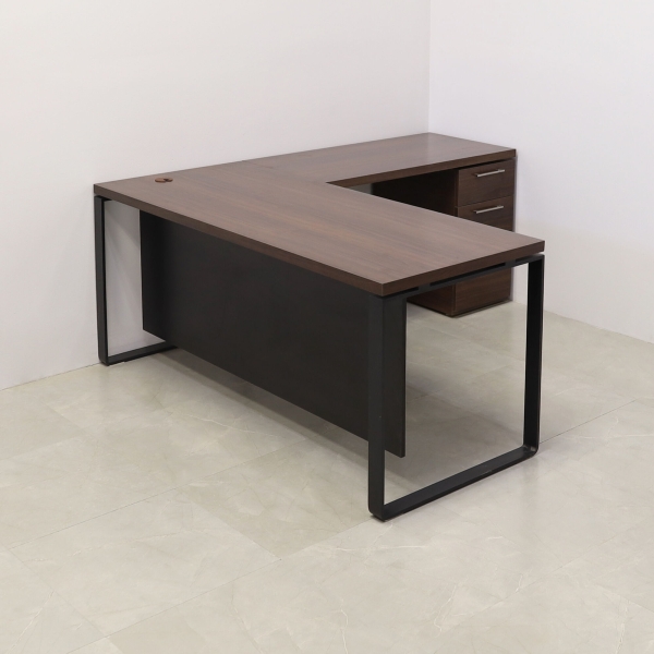 72-inch Aspen L-Shape Executive Desk With Laminate Top, right side return when sitting and built-in storage, in colombian walnut matte laminate top, black matte laminate privacy panel, and black metal legs, shown here.