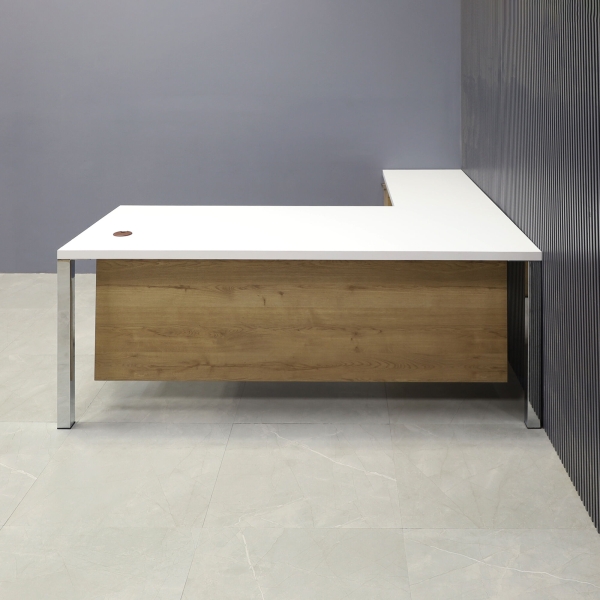 72-inch Dallas L-Shape Executive Desk with return & cabinet on left side when sitting, in over off-white matte laminate top, planked urban oak matte laminate cabinet & privacy panel, and chromed legs, shown here.