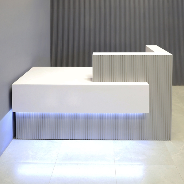 72-inch Atlanta Custom Reception Desk with the countertop & base on the right side when facing front covered in fog gray matte tambour, while the workspace and front panel are covered in white gloss laminate, and warm white LED.