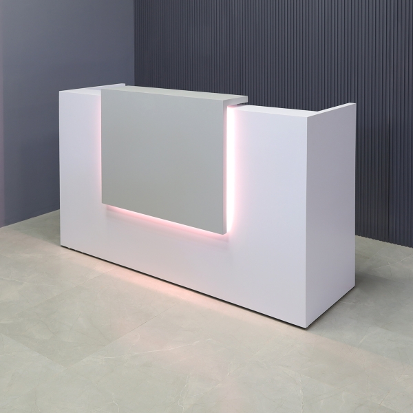 72-inch Chicago Custom Reception Desk in folstone gray matte laminate counter and white matte laminate desk, with white LED, shown here.