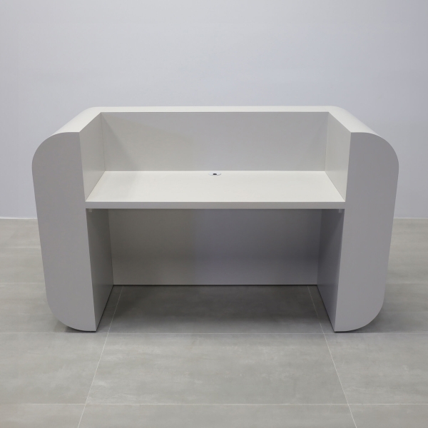 72-inch Vancouver Reception Desk in folkstone gray matte laminate main desk, and warm white LED.