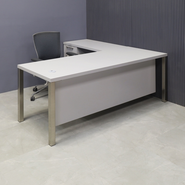 72-inch Dallas L-Shape Executive Desk W/ Cabinet in fog gray matte laminate top, cabinet & privacy panel, with aluminum chromed legs.
