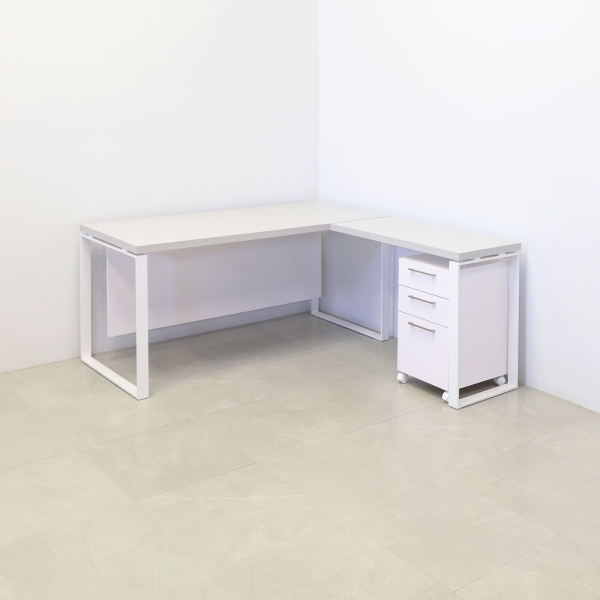 72-inch Aspen L-Shape Executive Desk With Laminate Top, right side return when sitting and mobile storage, in folkstone gray matte laminate top, white matte laminate privacy panel, and white metal legs, shown here.