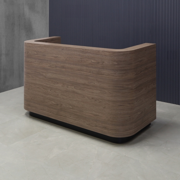 72-inch Nola Custom Reception Desk in hazel walnut matte laminate main desk and black traceless laminate toe-kick.