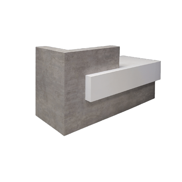 72-inch Atlanta Custom Reception Desk with the countertop & base on the left side when facing front covered in industrial concrete laminate, while the workspace and front panel are covered in white matte laminate.
