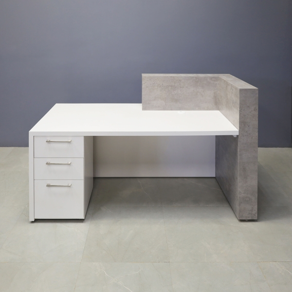 72-inch Atlanta Custom Reception Desk with the countertop & base on the left side when facing front covered in industrial concrete laminate, while the workspace and front panel are covered in white matte laminate.