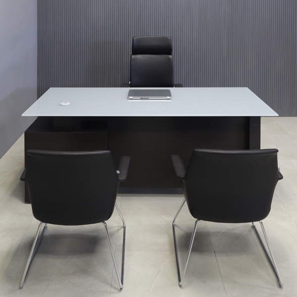 72-inch Avenue Straight Executive Desk in 1/2-inch light gray tempered glass top and ebony recon matte laminate base, storage & privacy panel.