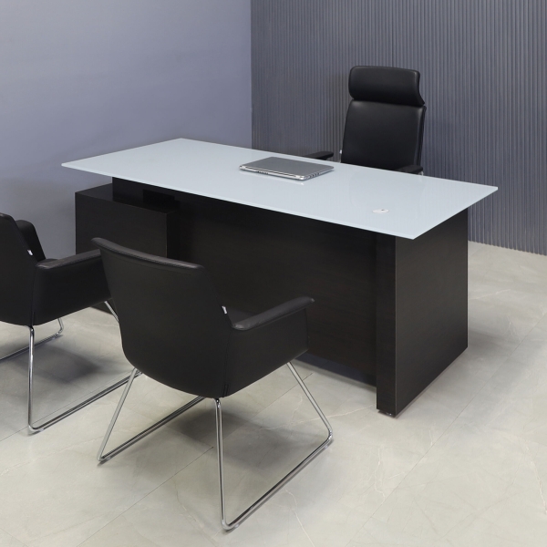 72-inch Avenue Straight Executive Desk in 1/2-inch light gray tempered glass top and ebony recon matte laminate base, storage & privacy panel.