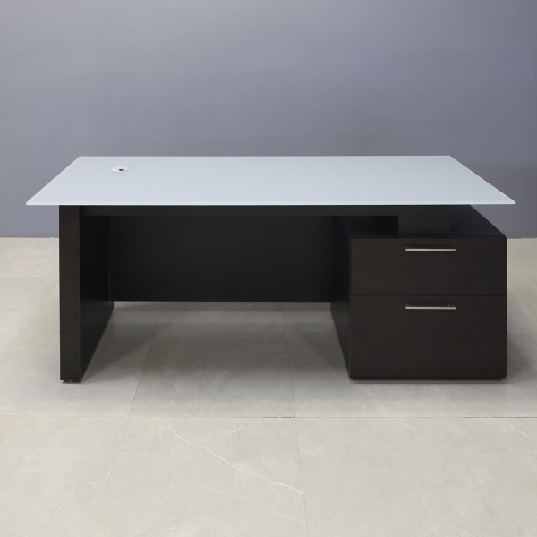 72-inch Avenue Straight Executive Desk in 1/2-inch light gray tempered glass top and ebony recon matte laminate base, storage & privacy panel.