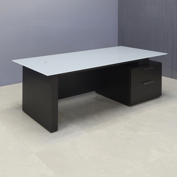 72-inch Avenue Straight Executive Desk in 1/2-inch light gray tempered glass top and ebony recon matte laminate base, storage & privacy panel.
