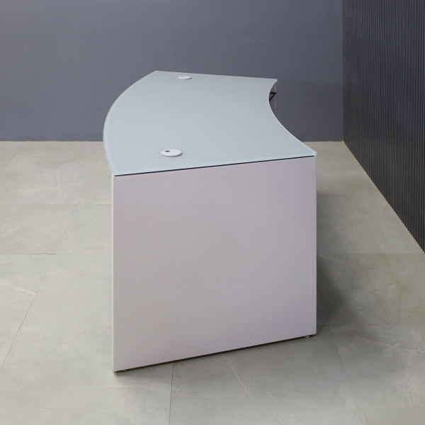  72-inch Seattle Curved Executive Desk in 1/2-inch Light gray tempered glass top and white gloss laminate base.
