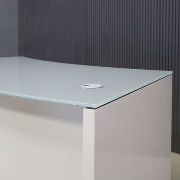  72-inch Seattle Curved Executive Desk in 1/2-inch Light gray tempered glass top and white gloss laminate base.