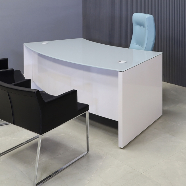  72-inch Seattle Curved Executive Desk in 1/2-inch Light gray tempered glass top and white gloss laminate base.