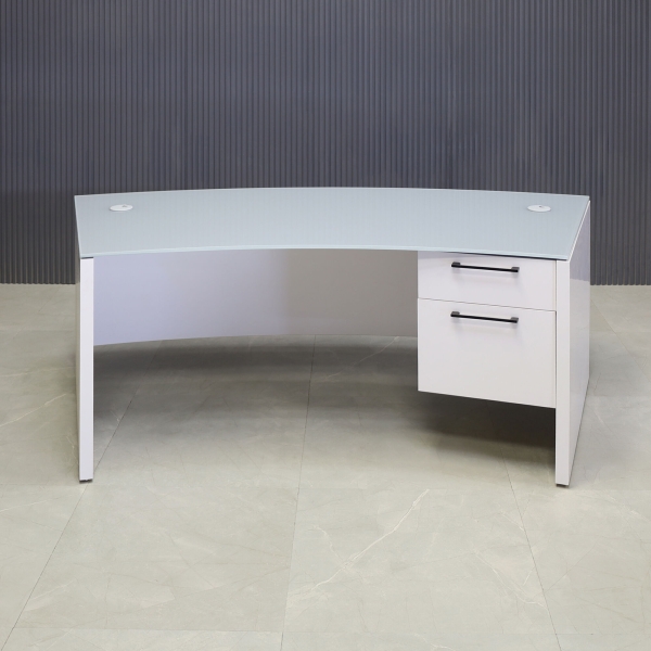  72-inch Seattle Curved Executive Desk in 1/2-inch Light gray tempered glass top and white gloss laminate base.